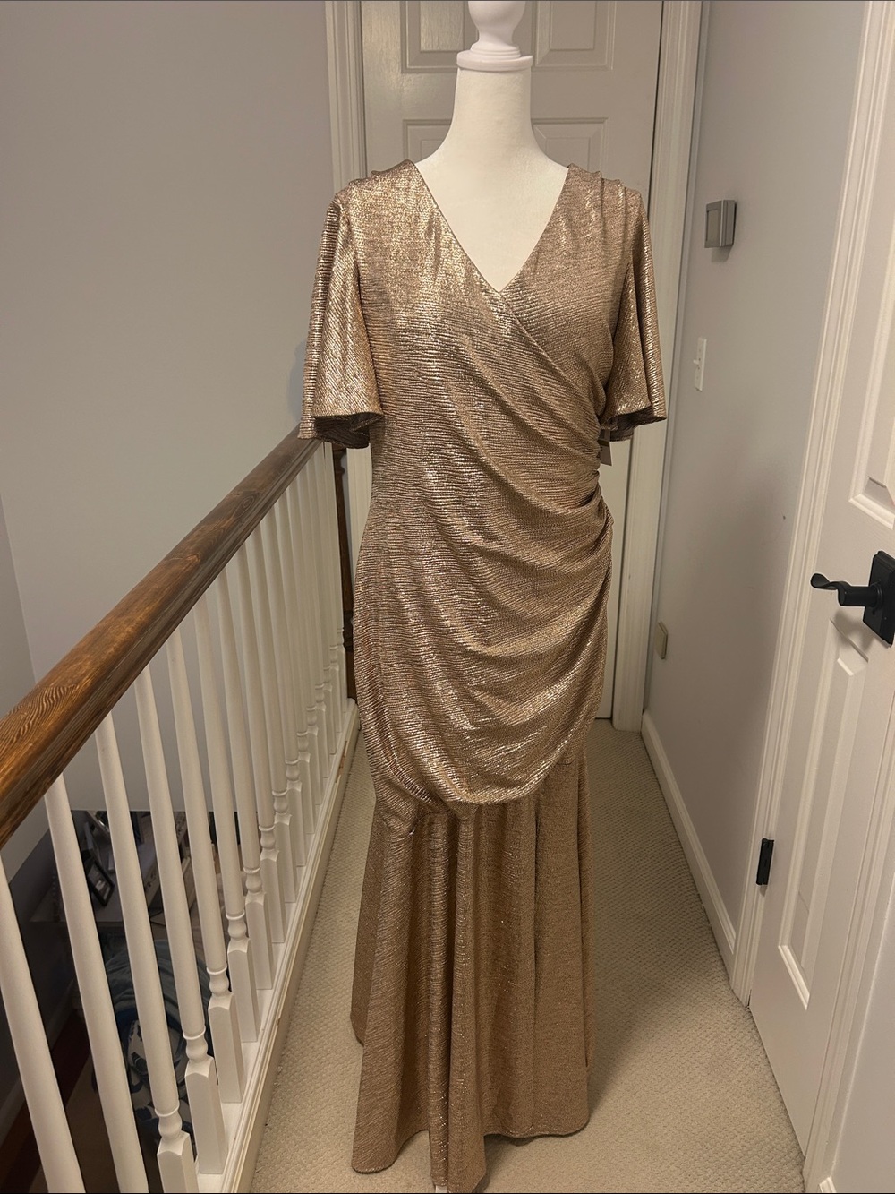 Gold Metallic Wrap Maxi Dress with Drape Detail